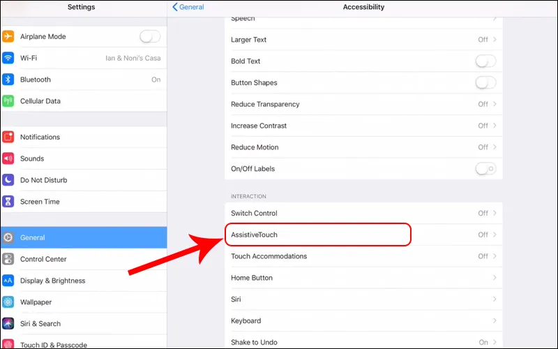 Bật công tắc AssistiveTouch để kích hoạt phím ảo trên màn hình iPad