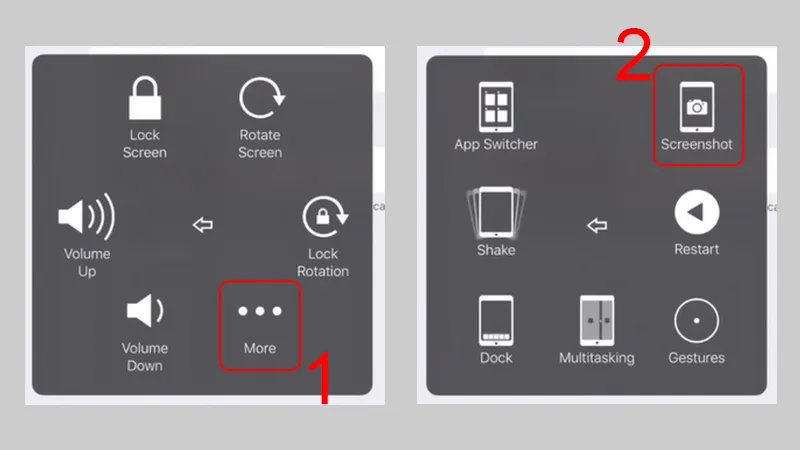 Lựa chọn chức năng chụp ảnh màn hình trong menu mở rộng của AssistiveTouch