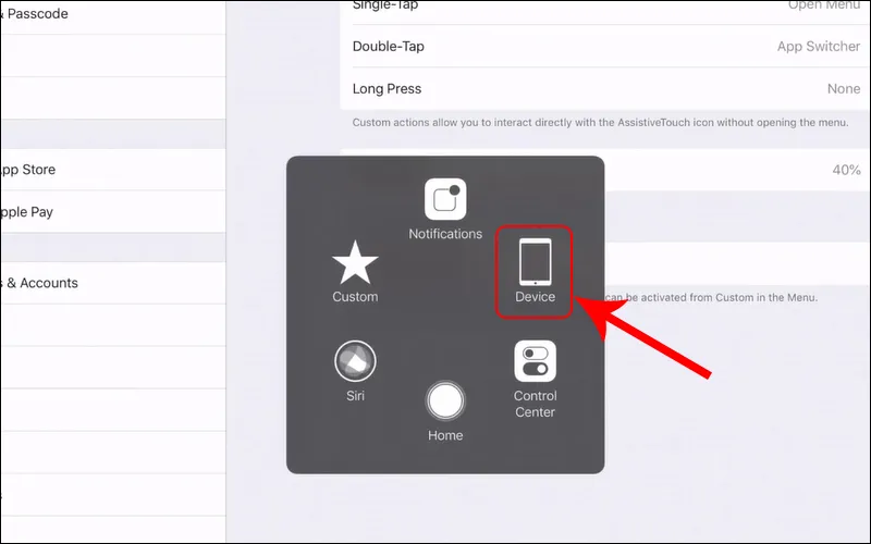 Mở menu điều khiển của AssistiveTouch và chọn mục Thiết bị để tìm thêm các tùy chọn
