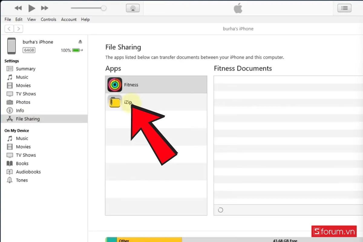 Chọn ứng dụng và thêm file cần chuyển từ máy tính sang iPhone