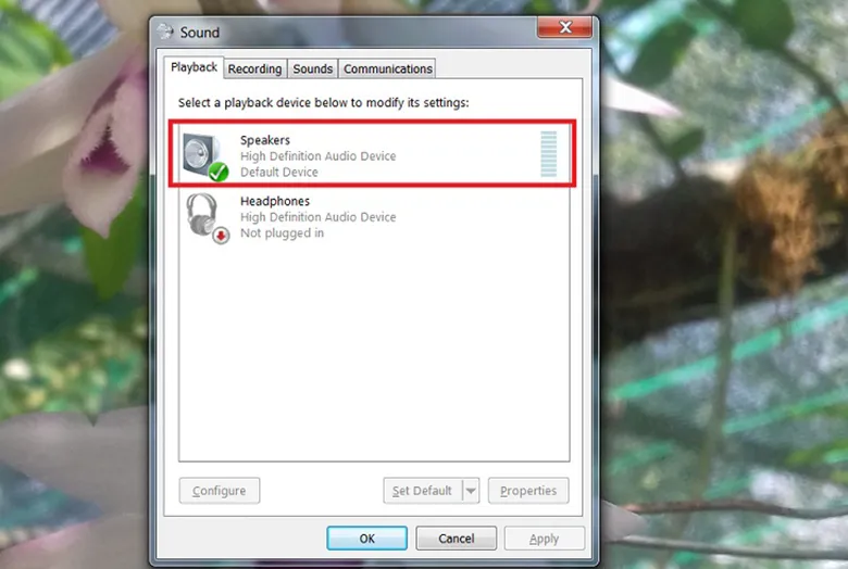 Chọn loa Speakers để kiểm tra cài đặt chi tiết và kích hoạt thiết bị