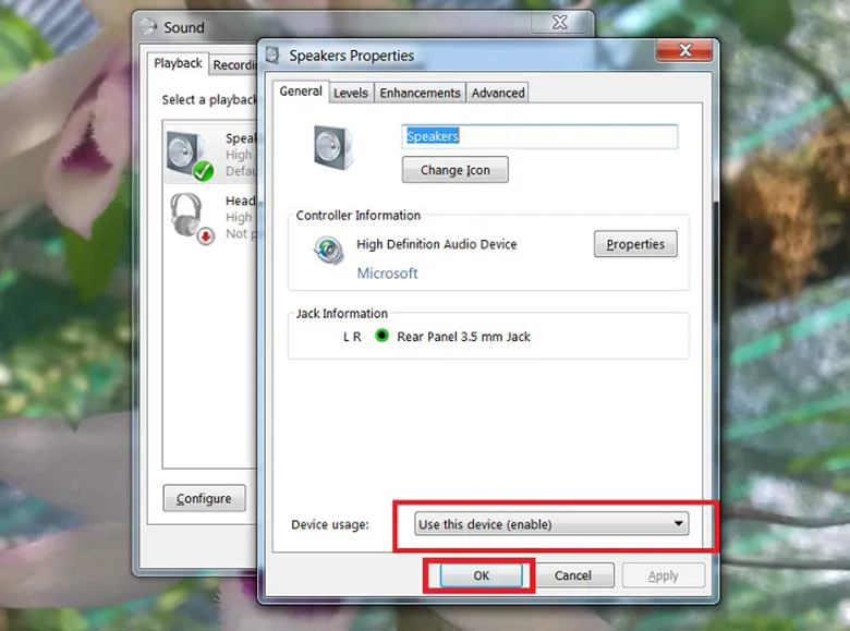 Xác nhận thiết bị âm thanh đang được kích hoạt trong mục "Device usage"