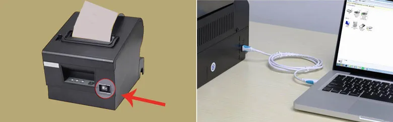 Một chiếc MacBook Air đang được kết nối với máy in qua cáp USB