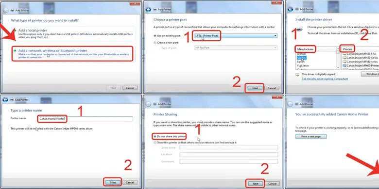 Giao diện cài đặt driver máy in trên Windows 7 hiển thị danh sách nhà sản xuất và model máy in