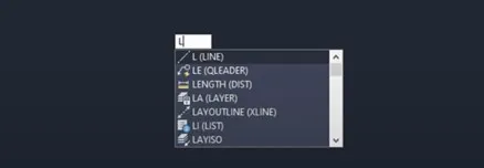 Cửa sổ gợi ý các lệnh bắt đầu bằng chữ L trong môi trường CAD