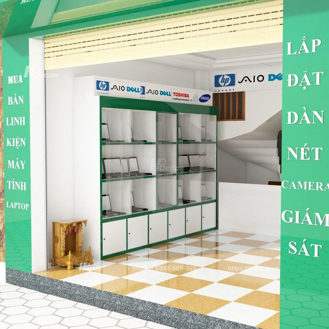 Kệ trưng bày PC nhiều ngăn giúp phân loại các dòng máy tính đồng bộ và linh kiện chuyên nghiệp