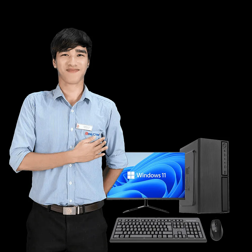 Nhân viên kỹ thuật đang kiểm tra và cài đặt hệ điều hành Windows cho máy tính để bàn tại văn phòng