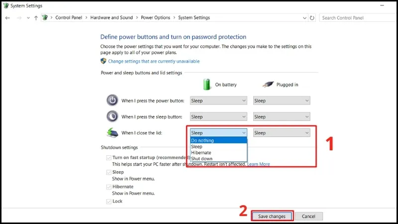 Cấu hình chế độ Do Nothing để máy tiếp tục hoạt động khi đóng nắp
