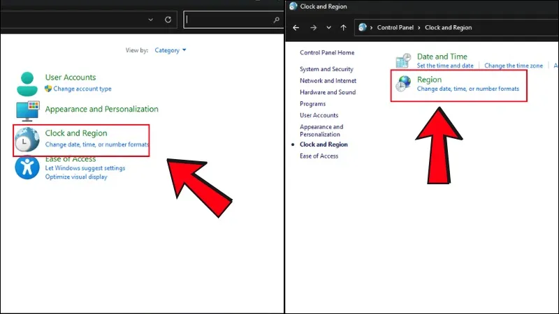 Lựa chọn nhóm cài đặt đồng hồ và khu vực trong Control Panel