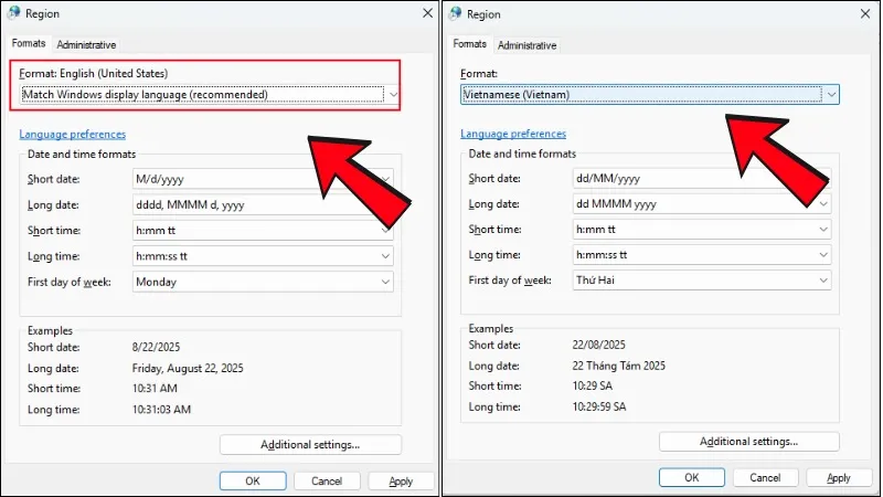 Thiết lập định dạng vùng sang tiếng Việt để đồng bộ cấu trúc ngày tháng
