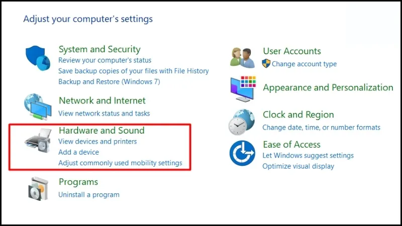 Quản lý các thiết bị âm thanh và hình ảnh thông qua trung tâm Hardware and Sound