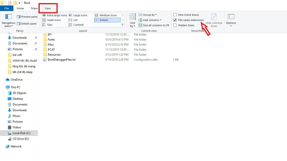 Tùy chọn File name extensions đang được đánh dấu tích để hiển thị đuôi file trên thanh công cụ View