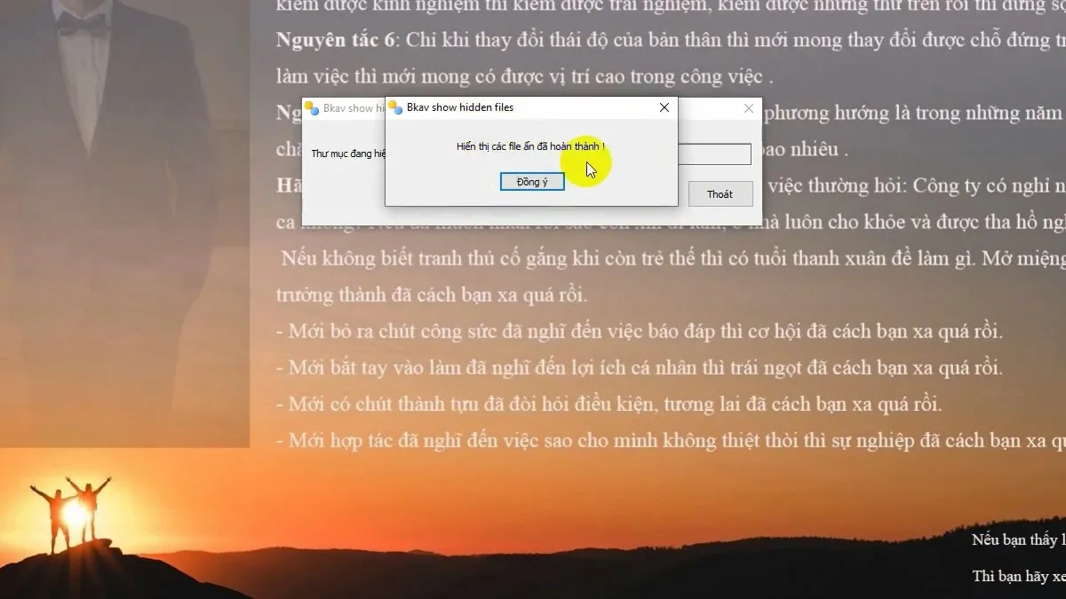 Thông báo xác nhận quy trình hiển thị các file ẩn đã hoàn toàn thành công trên Windows