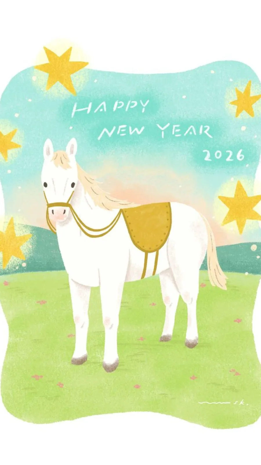 Hình nền con ngựa hoạt hình chúc mừng năm mới 2026