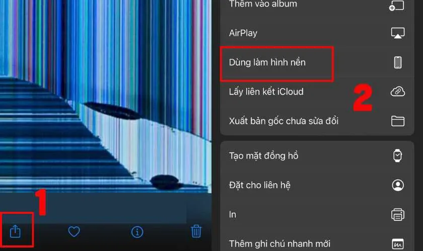 Mở ảnh vừa tải lên, sau đó nhấn vào biểu tượng Chia sẻ rồi chọn Dùng làm hình nền