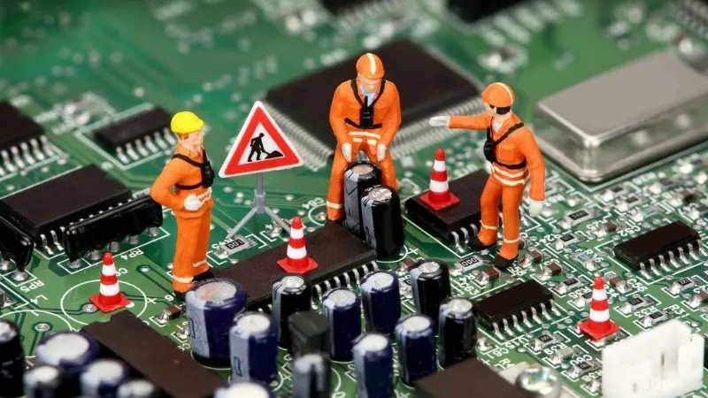 Cấu trúc phức tạp của bo mạch chủ laptop với các IC và tụ điện gắn trên mạch in đa lớp