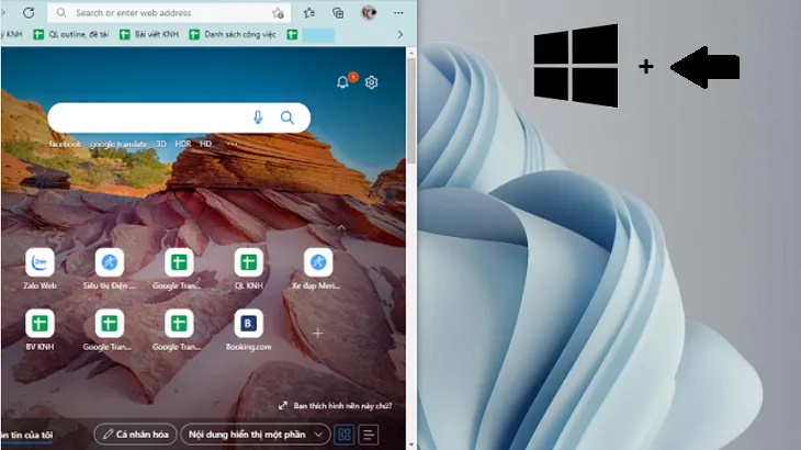 Minh họa sử dụng phím tắt Windows + Mũi tên để chia màn hình