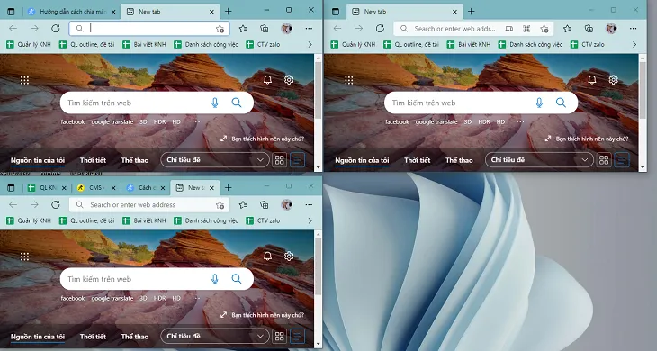 Điều chỉnh kích thước các cửa sổ sau khi chia màn hình thành nhiều phần