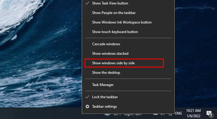 Tùy chọn 'Show windows side by side' trên thanh Taskbar