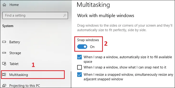 Bật tính năng Snap windows trong cài đặt Multitasking
