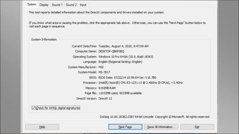 Nhấn tổ hợp phím Windows + R > Nhập dòng lệnh dxdiag, lúc này toàn bộ thông tin máy sẽ hiện ra