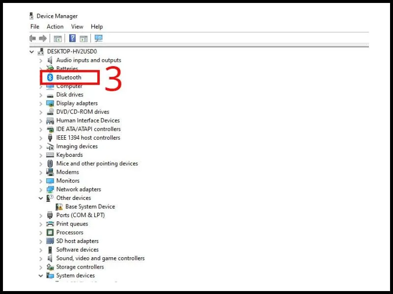 Mở cửa sổ Device Manager và tìm mục "Bluetooth" hoặc "Bluetooth Radios"
