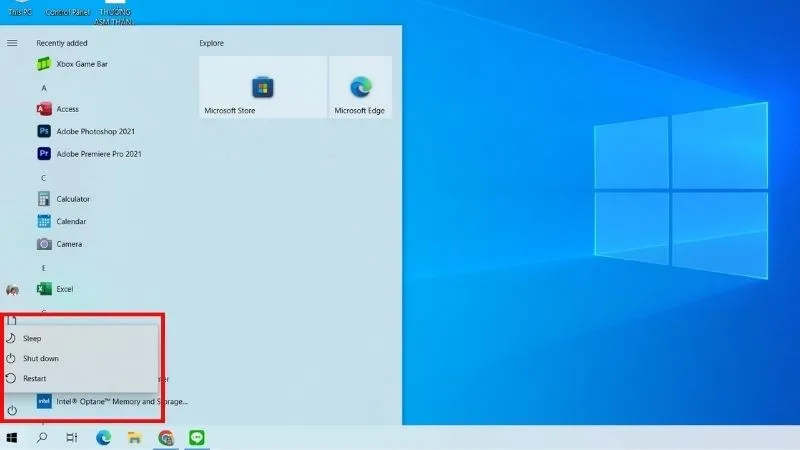 Giao diện trình đơn Start Menu của Windows với các tùy chọn quản lý nguồn điện an toàn