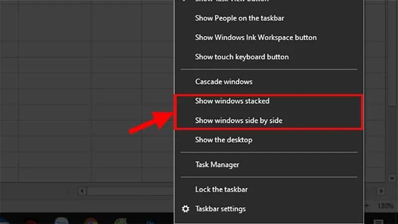 Tùy chọn 'Show windows side by side' trên Taskbar để chia đôi màn hình