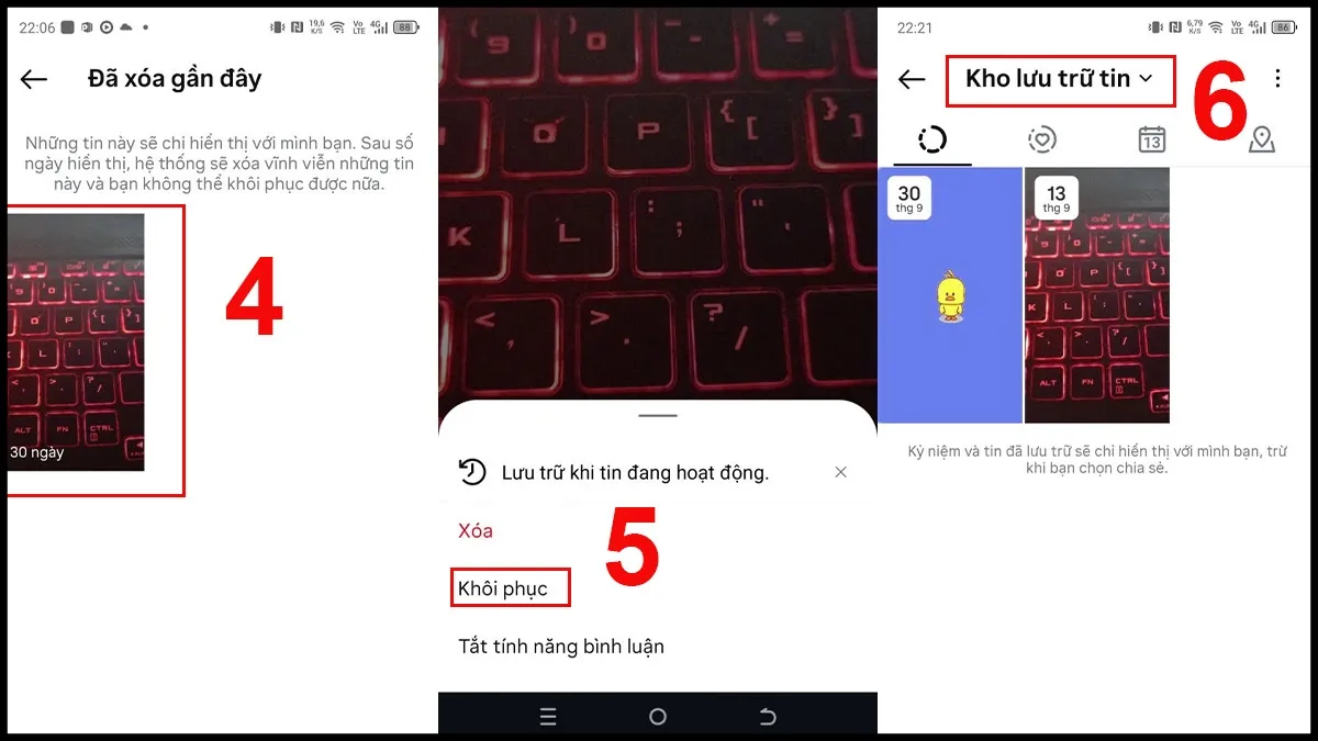 Khôi phục kho lưu trữ tin trên Instagram - Bước 4, 5, 6