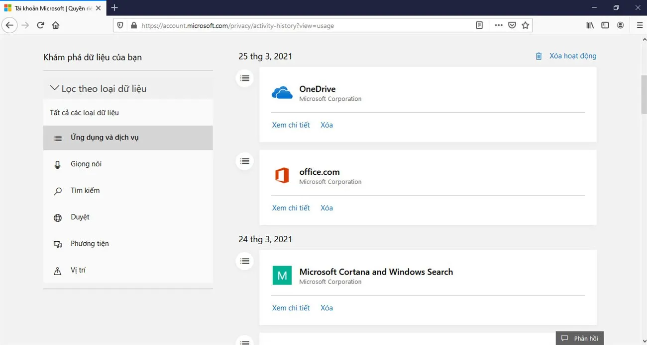 Báo cáo chi tiết về thói quen sử dụng ứng dụng và dịch vụ được đồng bộ trực tiếp từ thiết bị