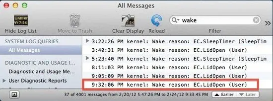 Giao diện tìm kiếm sự kiện wake trên macOS giúp người dùng biết máy tính đã được bật khi nào
