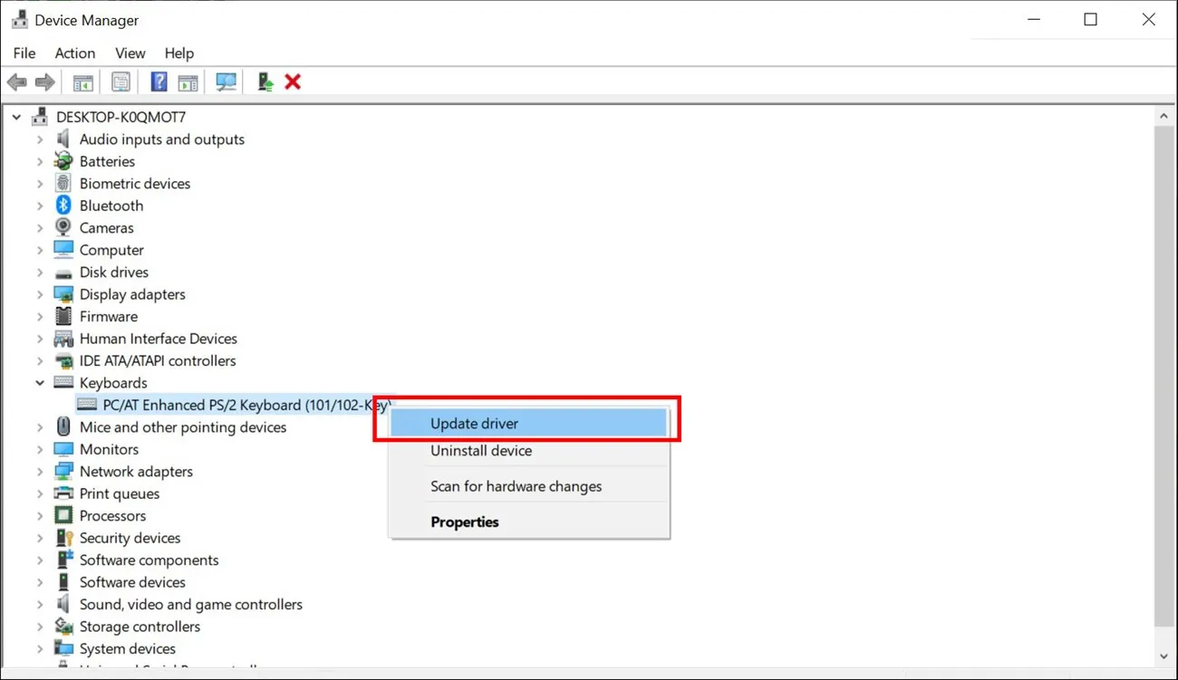 Thực hiện thao tác cập nhật driver cho bàn phím để khắc phục các xung đột phần mềm