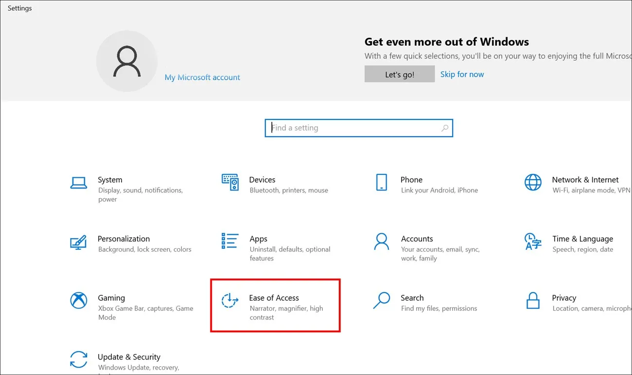 Truy cập vào mục Ease of Access trong Windows Settings để kiểm tra thiết lập bàn phím