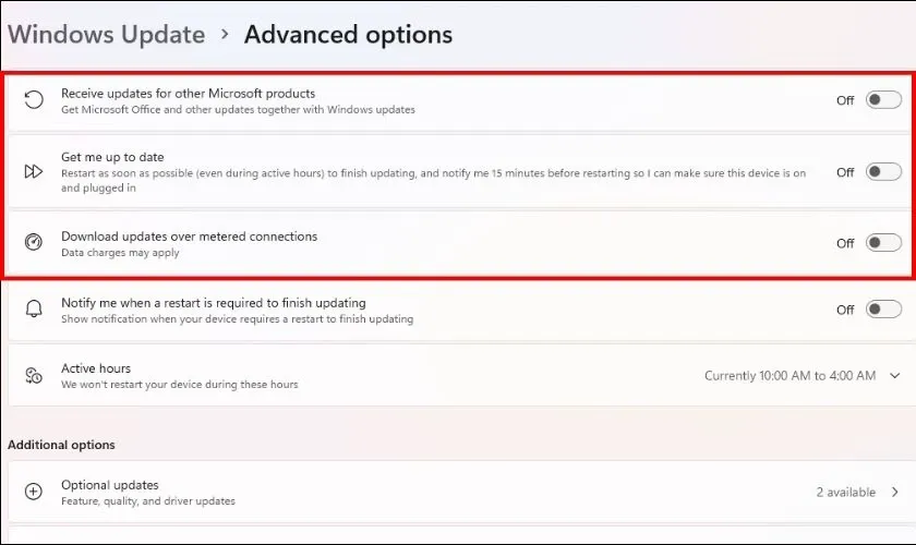Tắt các tùy chọn cập nhật tự động