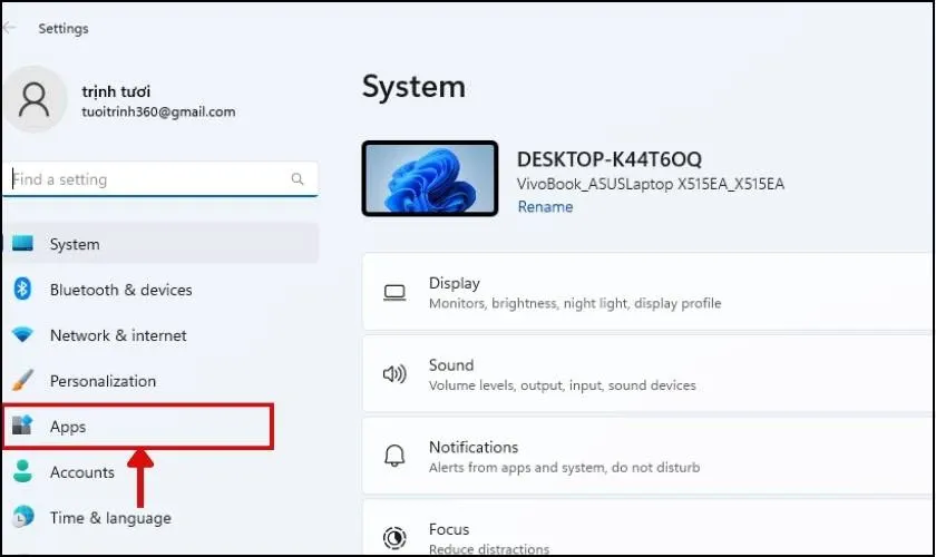 Truy cập Startup trong Settings