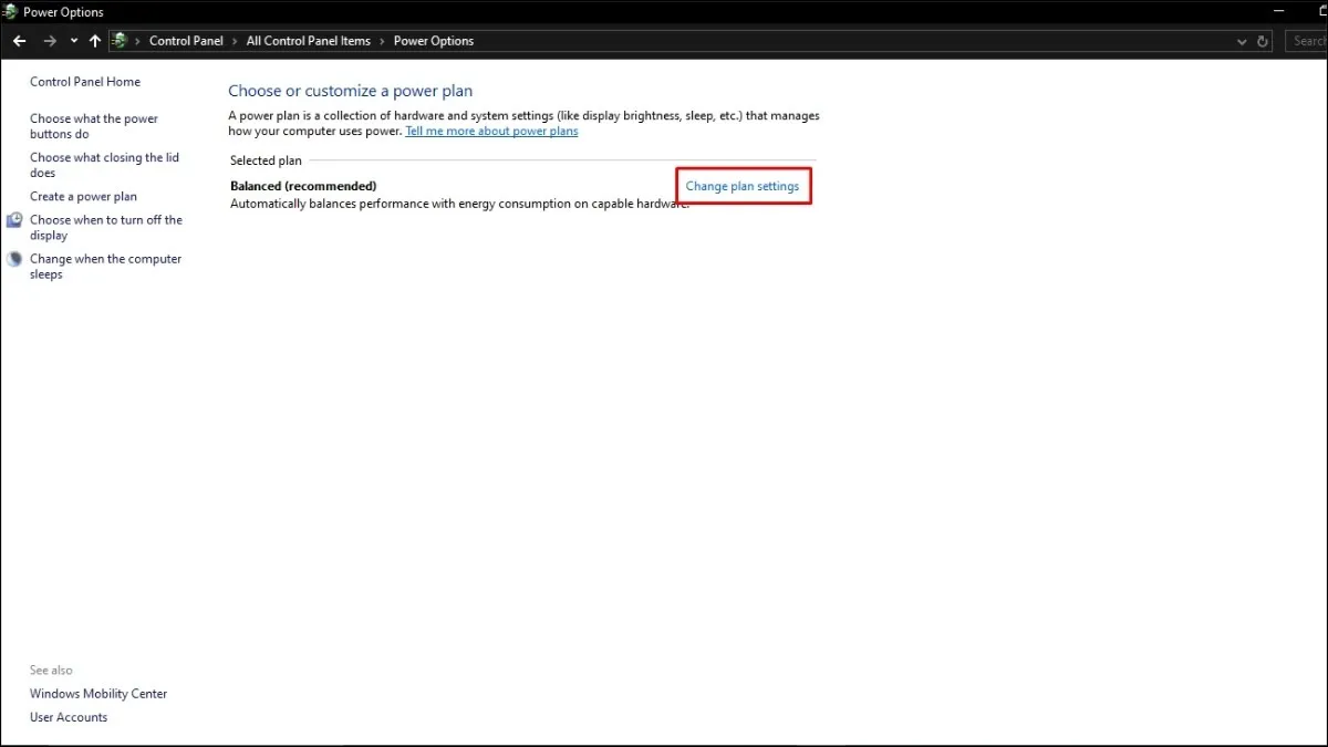Cửa sổ thiết lập các chế độ tiết kiệm điện và quản lý hiệu suất pin