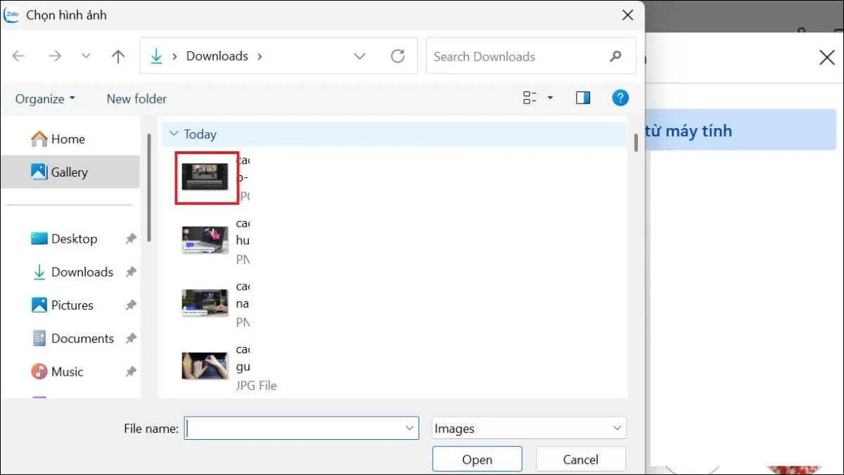 Giao diện chọn tệp tin từ thư mục hệ thống Windows để tải ảnh lên ứng dụng Zalo