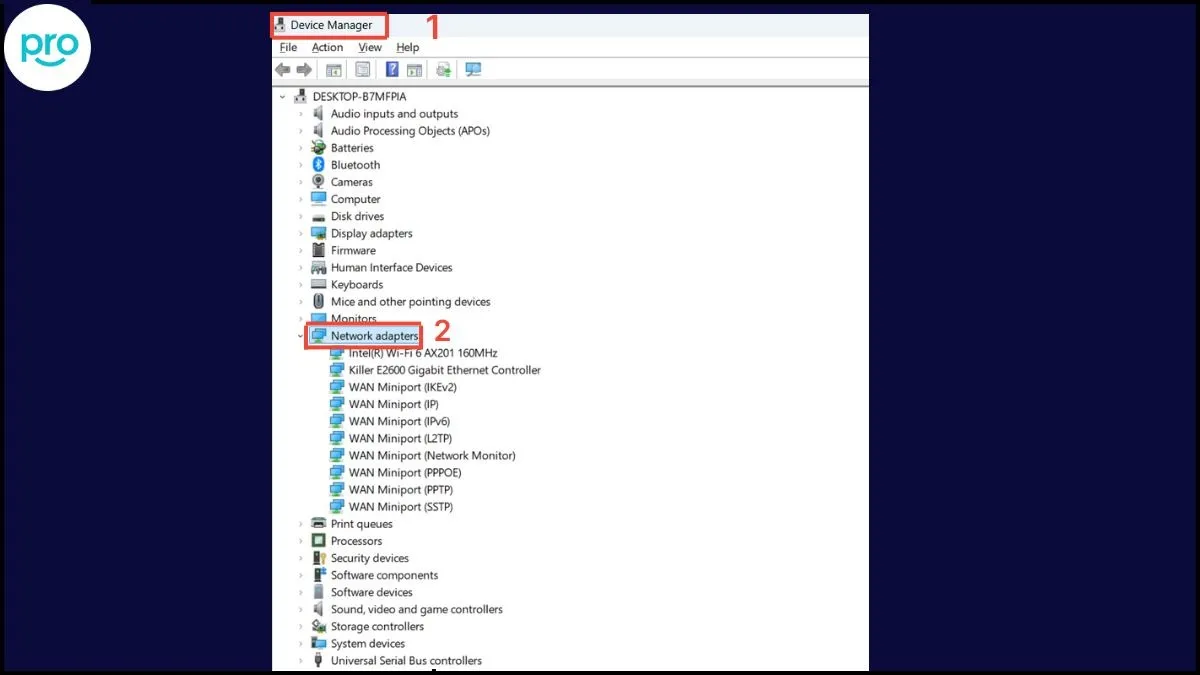 Thao tác quản lý card mạng trong cửa sổ Device Manager của hệ điều hành