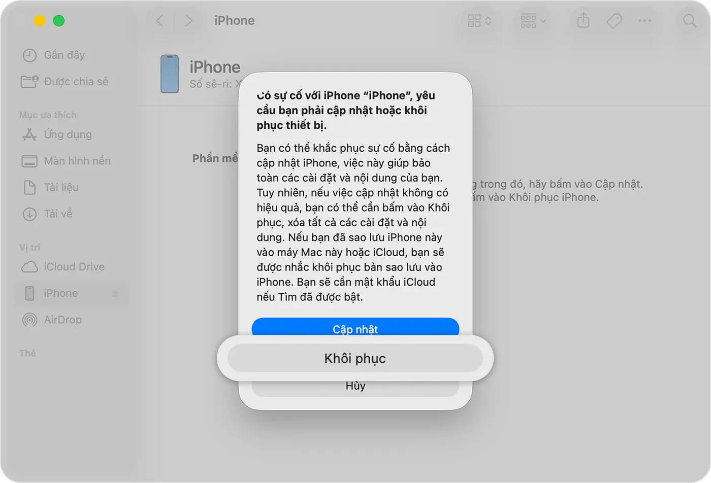 Sau khi bạn kết nối iPhone với máy tính, hãy chạm vào Khôi phục khi thấy tùy chọn này.