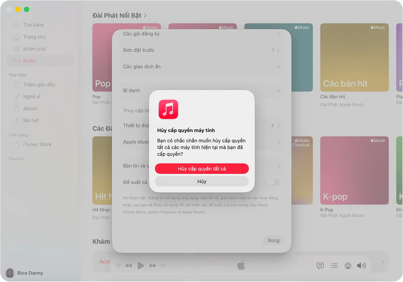 Ứng dụng Apple Music trên máy Mac hiển thị trang Thông tin tài khoản và nút Hủy cấp phép tất cả.