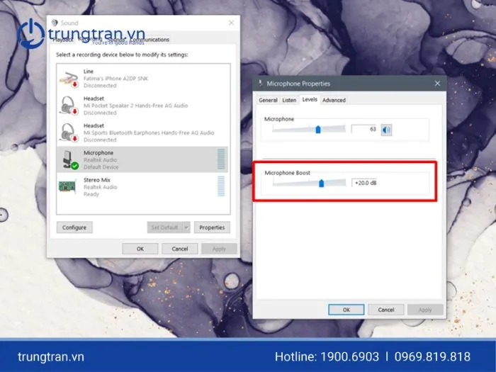 Giao diện cài đặt Sound Control Panel để kích hoạt thiết bị thu âm