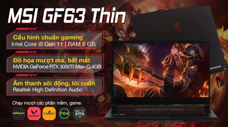 Mẫu laptop MSI Gaming GF63 Thin thiết kế mỏng nhẹ mạnh mẽ