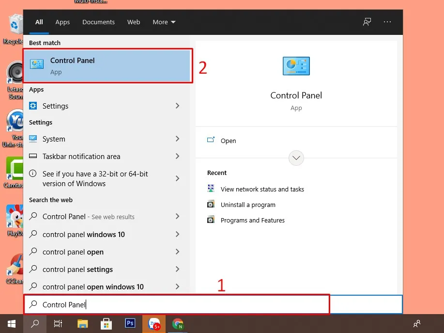 Thao tác tìm kiếm và truy cập vào công cụ Control Panel trên hệ điều hành Windows