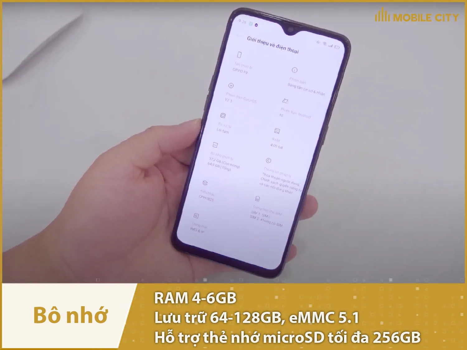 Minh họa các phiên bản bộ nhớ và dung lượng lưu trữ của dòng máy Oppo F9