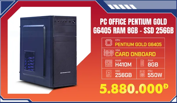 Mẫu thùng máy PC Office sử dụng chip Pentium Gold với cấu hình RAM 8GB và SSD 256GB