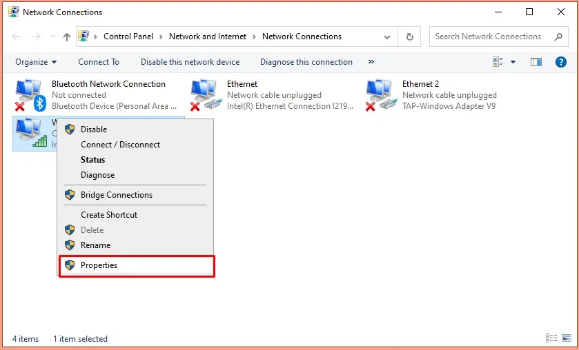 Truy cập vào cài đặt adapter để thay đổi thông số DNS cho kết nối mạng