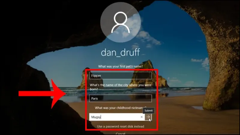 Màn hình nhập câu trả lời cho câu hỏi bảo mật để reset mật khẩu Local Account