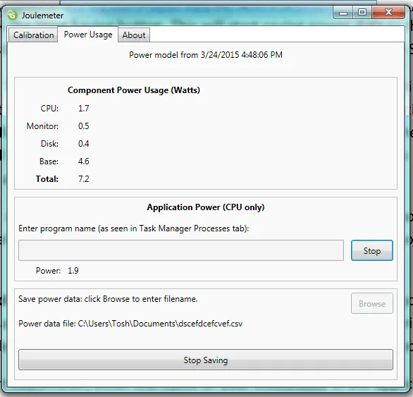 Giao diện Joulemeter của Microsoft hiển thị mức tiêu thụ điện năng của từng tiến trình