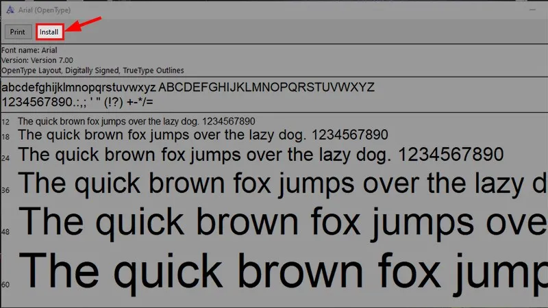Click vào Install > Nhấn Yes để máy tiến hành cài đặt lại font Arial