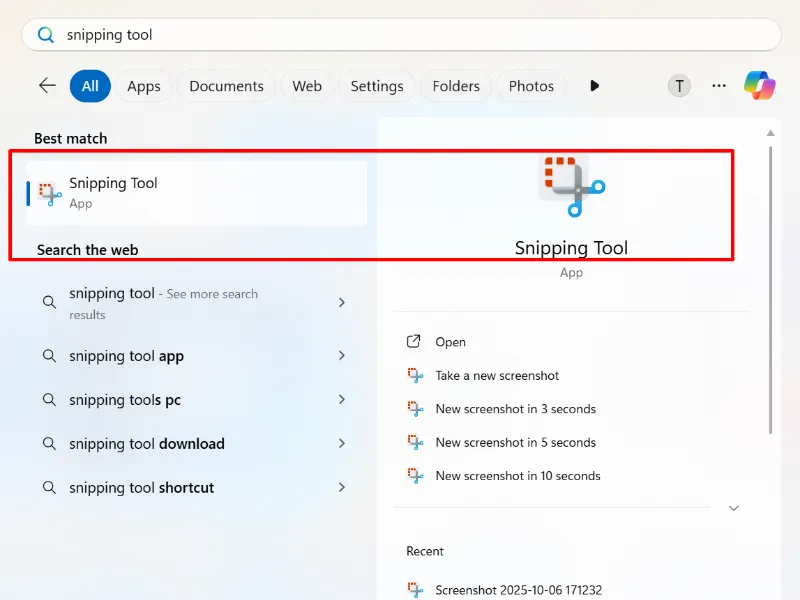 Giao diện công cụ Snipping Tool trên Windows hiển thị các tùy chọn chụp màn hình
